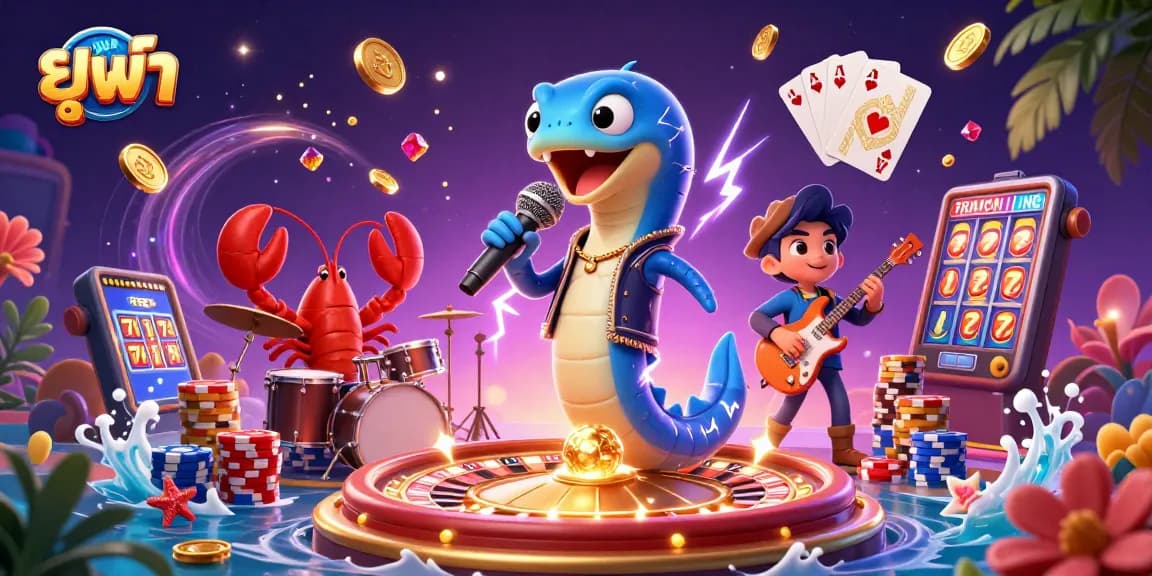 Experience exhilarating action with ยูฟ้า, featuring a DJ electric eel performing in an underwater casino surrounded by vibrant game elements.