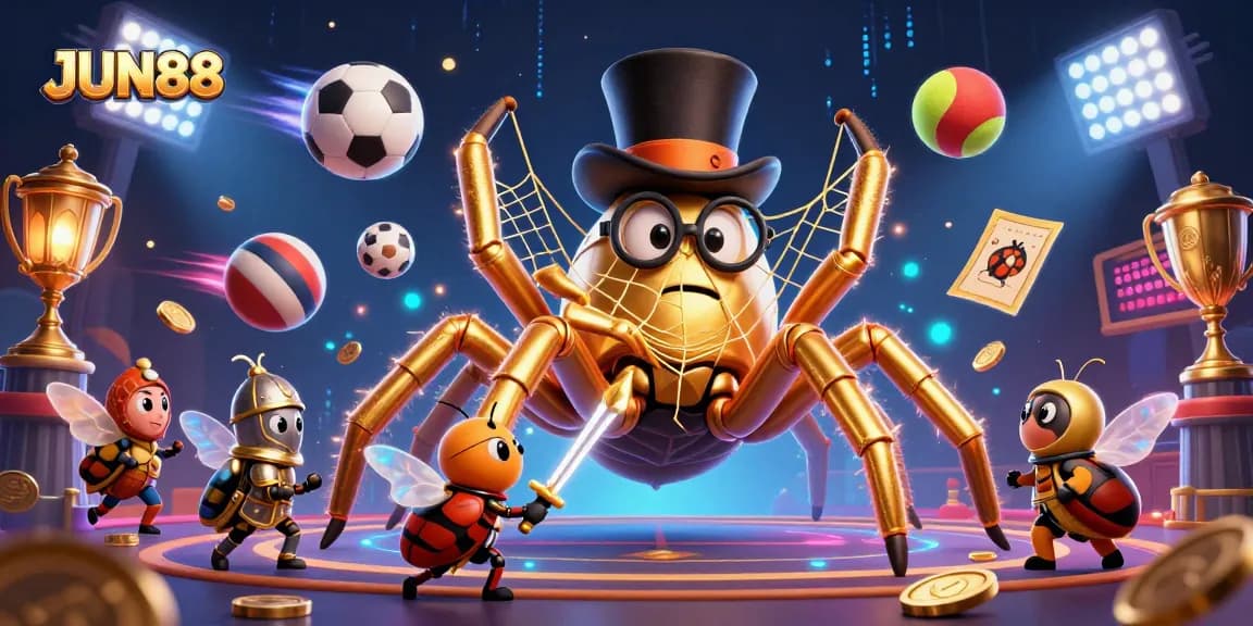 Experience thrilling betting adventures at JUN88 with a lively casino scene featuring vibrant characters.