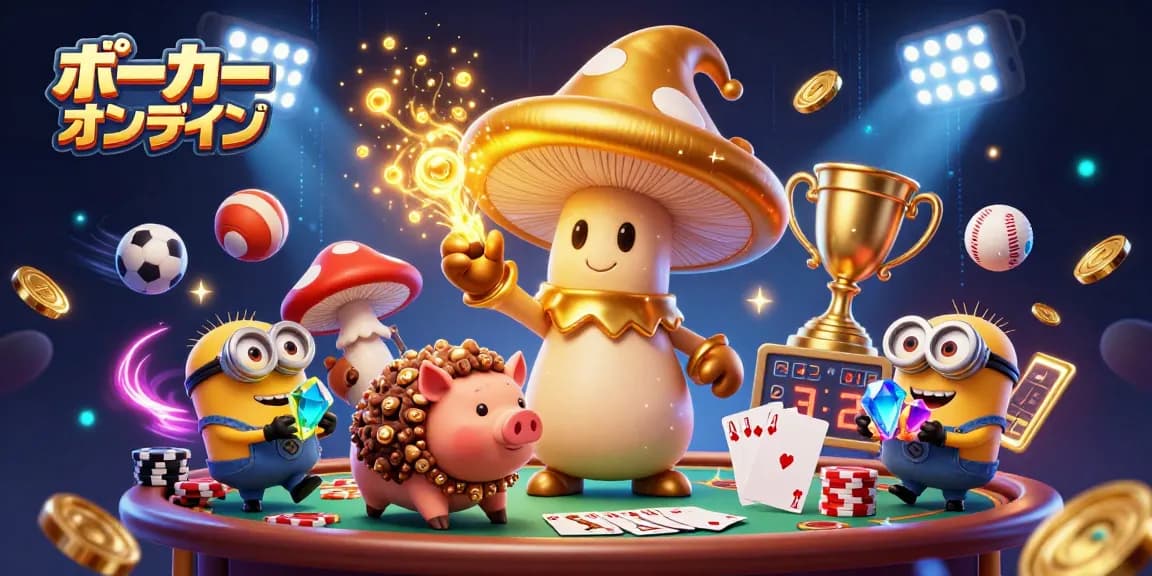 ポーカー オンラインで盛り上がるシーン、ポーカーテーブル、チップ、ロイヤルフラッシュが描かれた3Dイラスト。