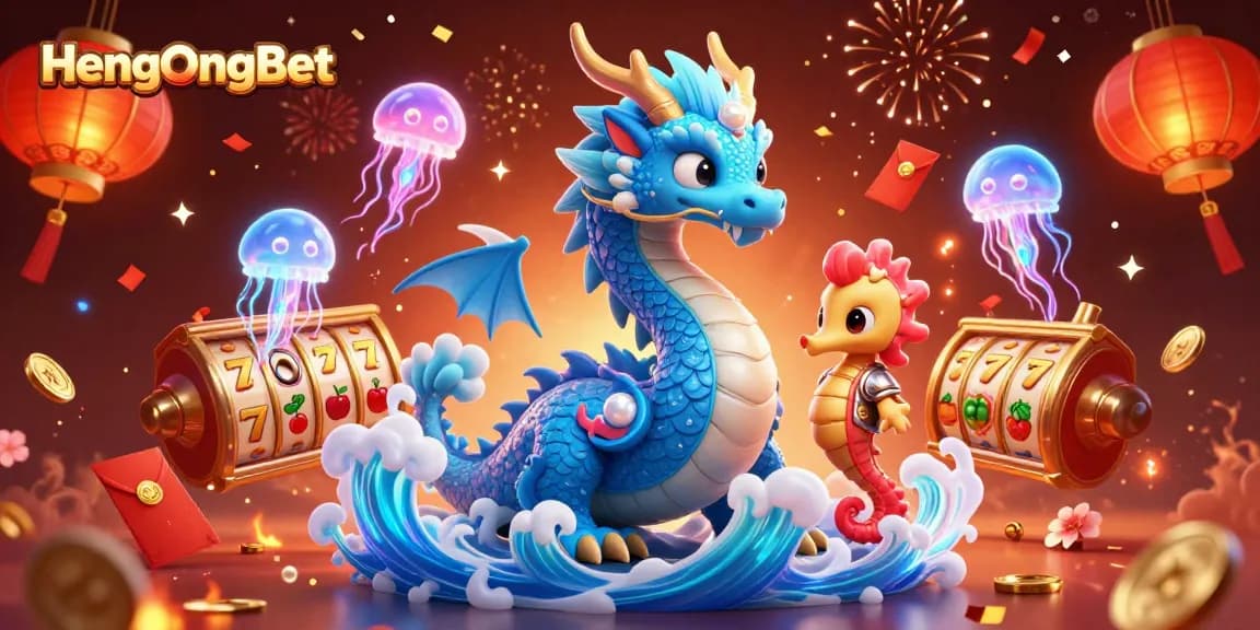 Experience HengOngBet's thrilling online casino with an azure water dragon, slot games, and festive elements.
