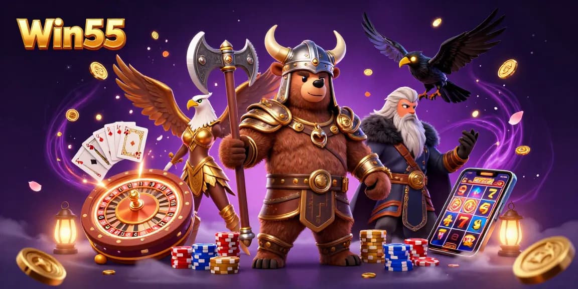 Win55 casino scene with Viking berserker bear and Valkyrie eagle amidst spinning roulette wheel and poker chips.