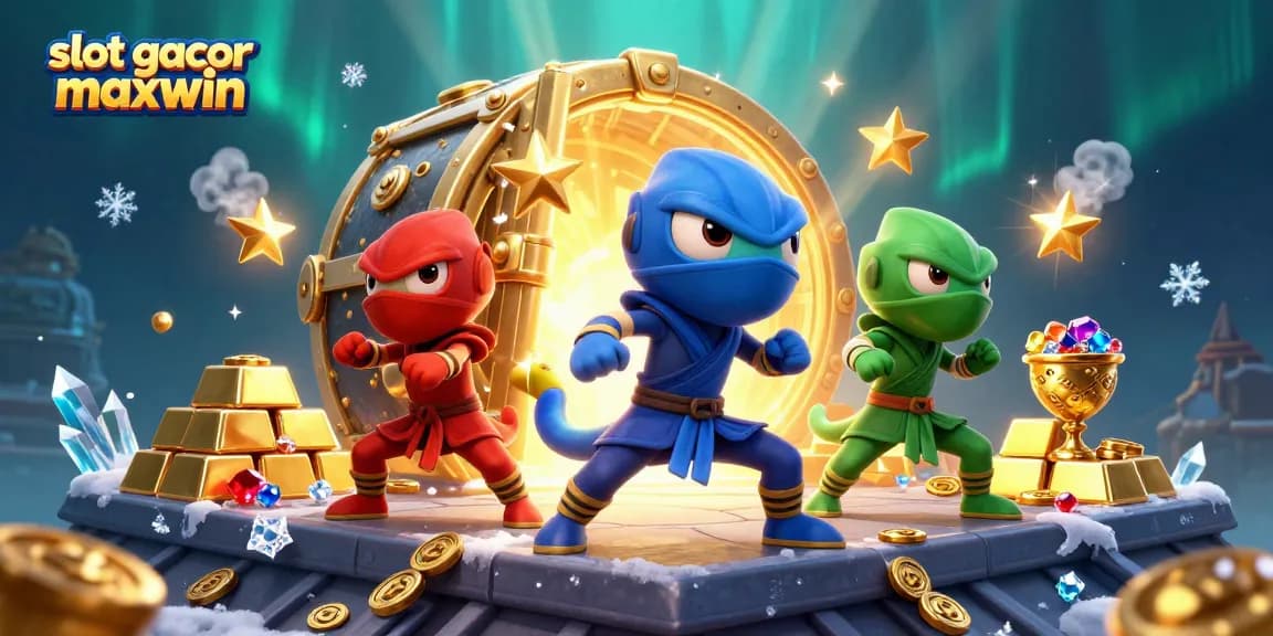Engage with slot gacor maxwin in a vibrant casino-themed 3D scene showcasing ninja chameleons.