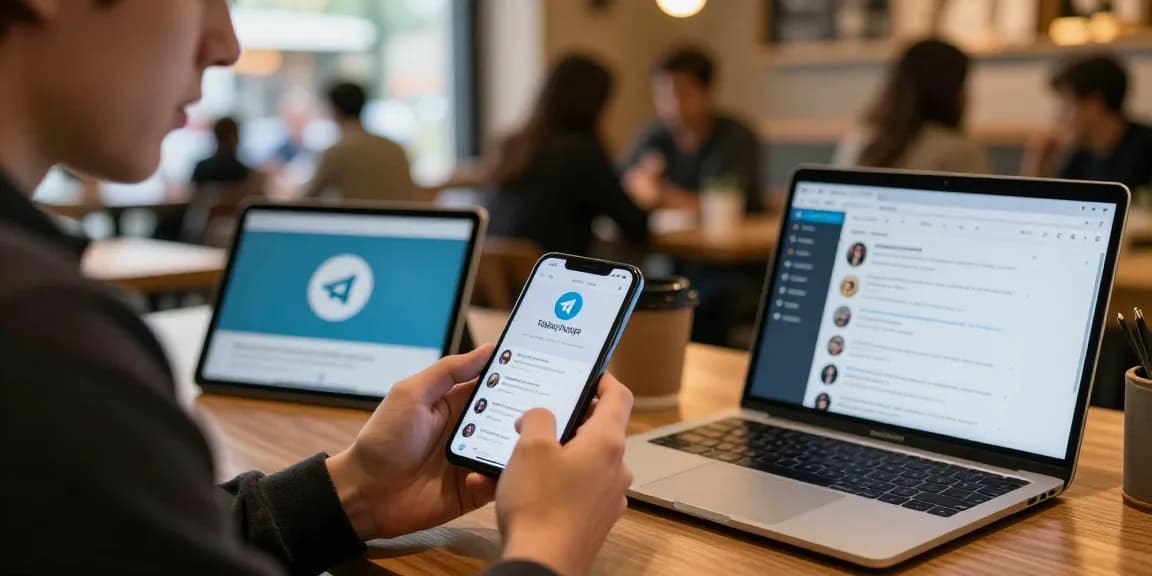 Engaging individual browsing popular telegram chinese channels in a cozy café.