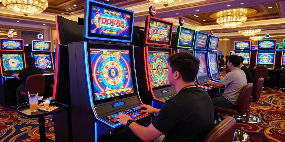 Player engrossed at a rokok88 slot machine in a lively casino atmosphere.