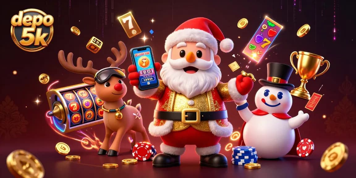 Engage with depo 5k slots featuring Santa and his reindeer in a vibrant casino scene.