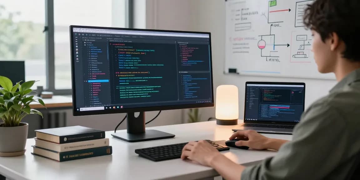 AI-focused workspace displaying uses of AI through algorithms and visual data on screen.