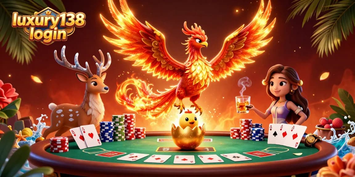 Experience luxury138 login in a vibrant 3D casino scene with a fiery phoenix and rich gaming elements.