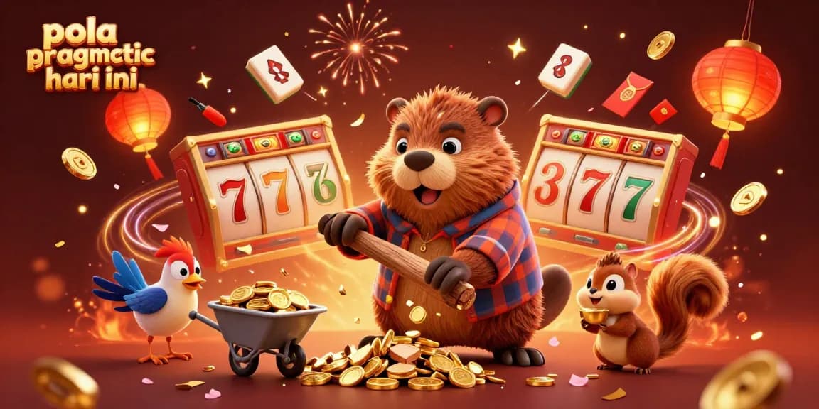 Pola pragmatic hari ini showcases a vibrant scene of a cartoon beaver and friends celebrating with golden coins in a festive online casino atmosphere.