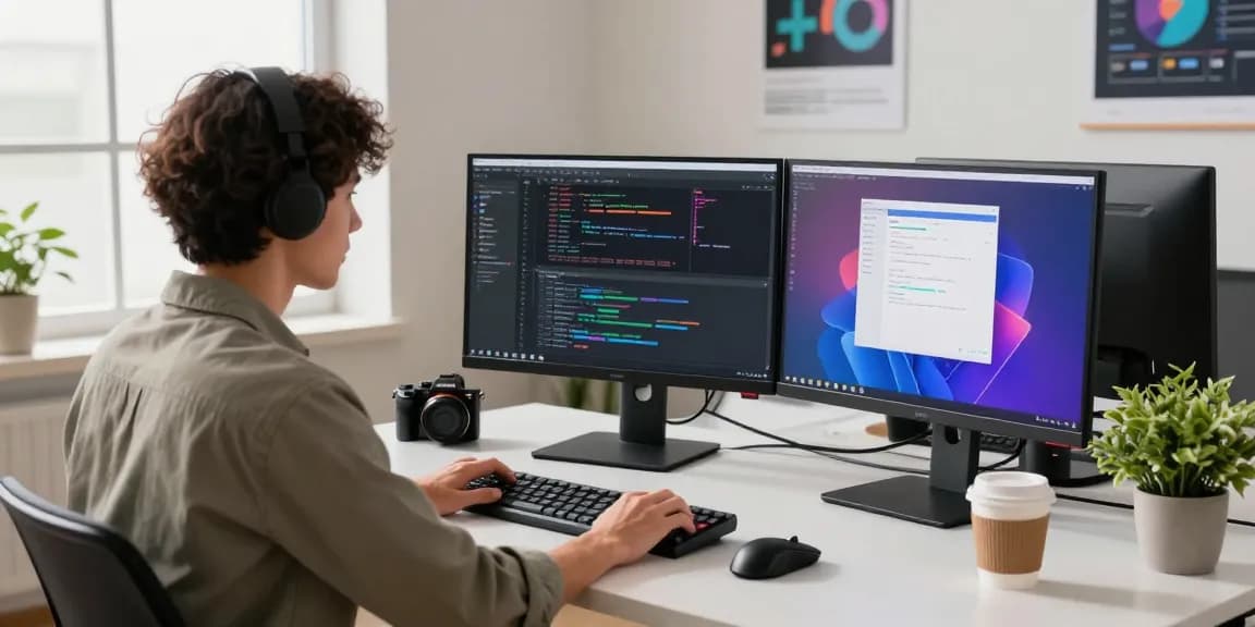 Developer using 纸飞机中文版 on dual monitors in a modern workspace, showcasing coding and application design.