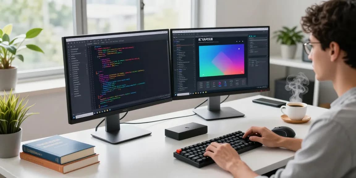 Focused developer coding the 纸飞机中文版 app on dual monitors in a modern workspace.