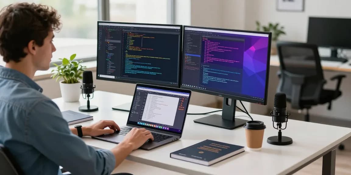 Workspace at https://berita.akasta.ac.id/ showcasing a software engineer coding at dual monitors in a bright, modern office.