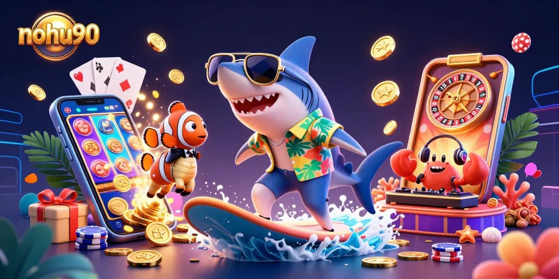 Join the nohu90 gaming adventure with a fun shark and seahorse in a vibrant casino scene!