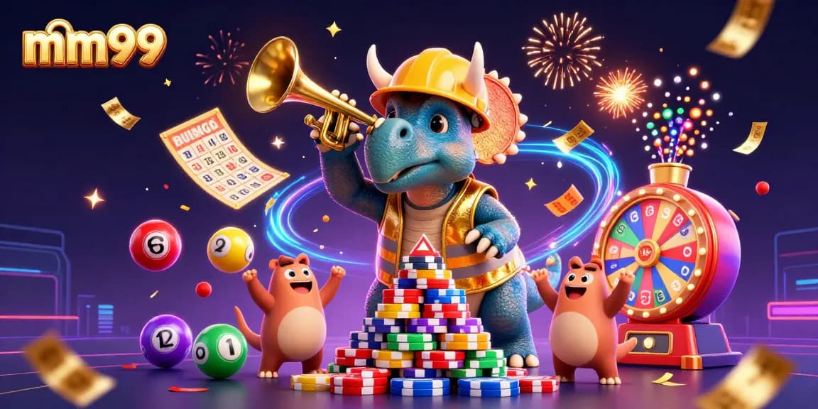 Engaging mm99 scene with lively characters celebrating casino gaming, dynamic lottery elements, and festive atmosphere.