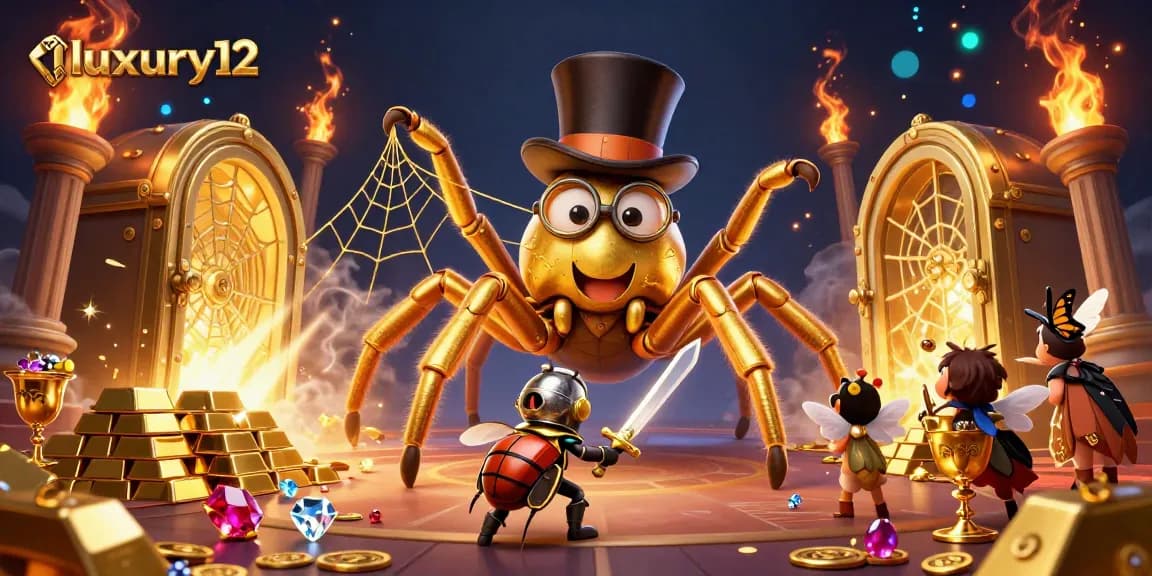 Witness luxury12's golden riches animate as a brave beetle knight confronts a mythical tarantula in this vibrant casino scene.