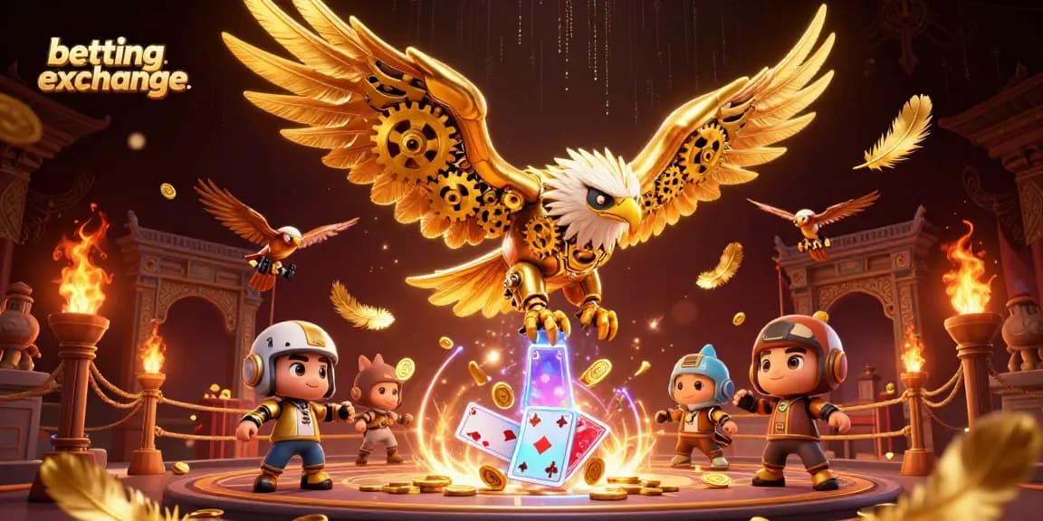 Betting exchange strategies illustrated with a cybernetic eagle and holographic cards.