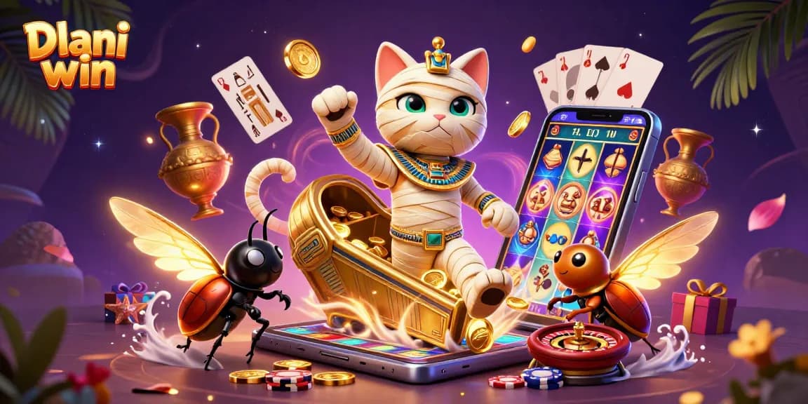 Dive into the excitement of Dhani win with a vibrant 3D scene featuring a mummy cat and casino games.
