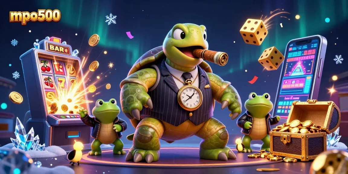 Engage with mpo500 through vibrant casino action featuring a snapping turtle, bullfrog enforcers, and jackpot excitement.