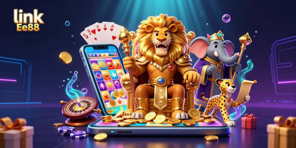 Spin to win with link Ee88 featuring a fierce lion king and thrilling casino elements!