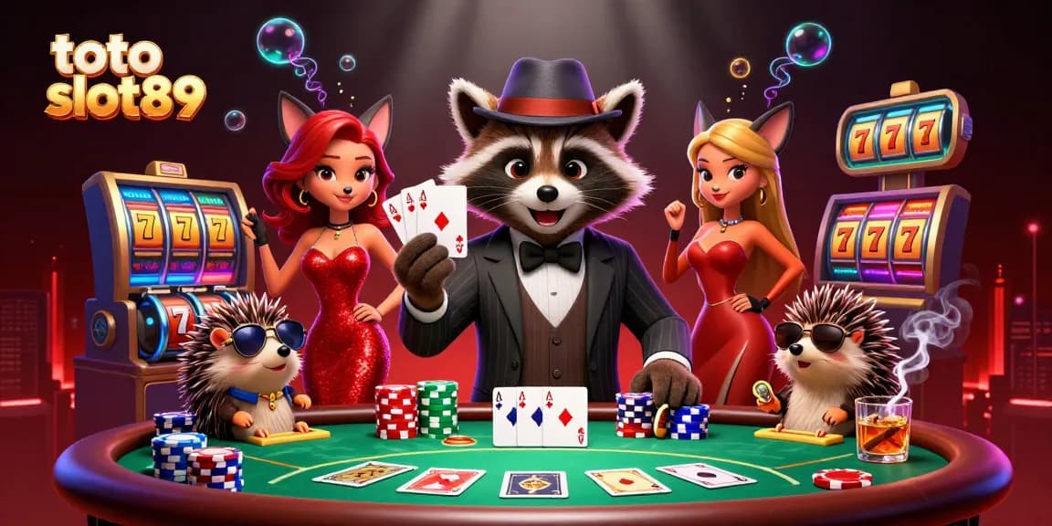 Experience thrilling gameplay with toto slot89 featuring a suave raccoon and stylish fox in a lavish casino scene.