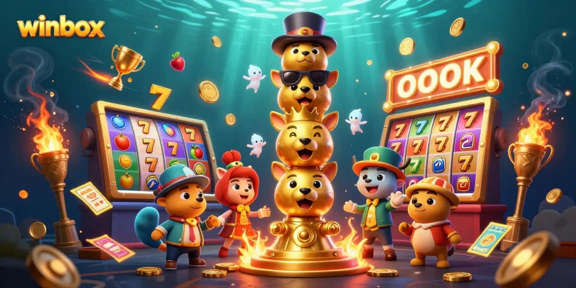 Play thrilling slots at winbox, featuring a dynamic golden totem pole and vibrant casino elements.