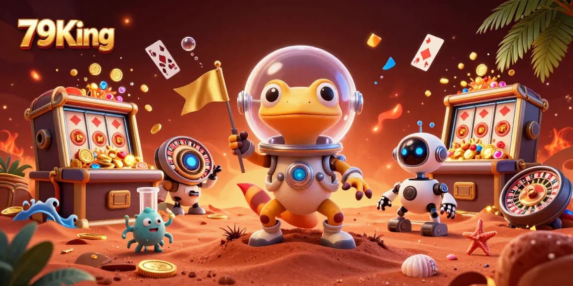 Engage with 79King as the Martian gecko discovers a vibrant casino filled with slot machines and treasures.