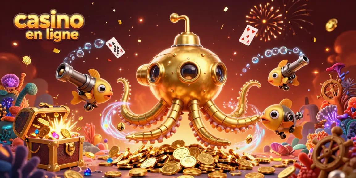 Vivez l'excitation du casino en ligne avec notre illustration animée de jeux sous-marins en or.