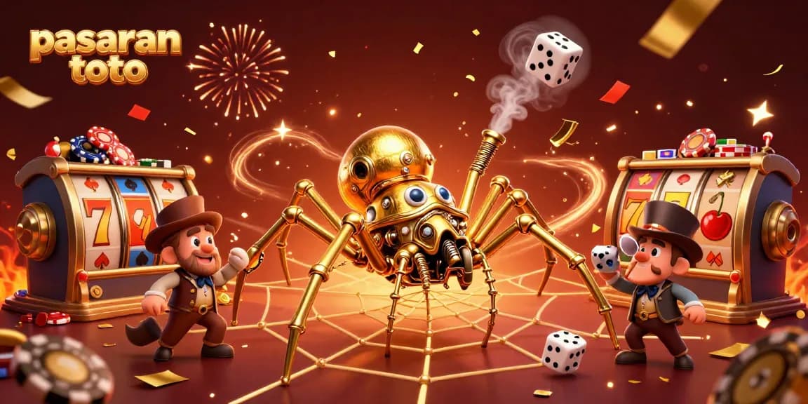 Experience pasaran toto through an exciting scene of a golden spider capturing dice with festive casino elements.