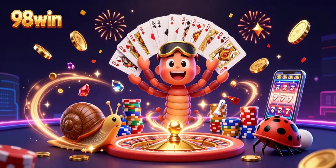 Experience thrilling casino moments with 98win in a vibrant 3D illustration featuring lively characters and game elements.