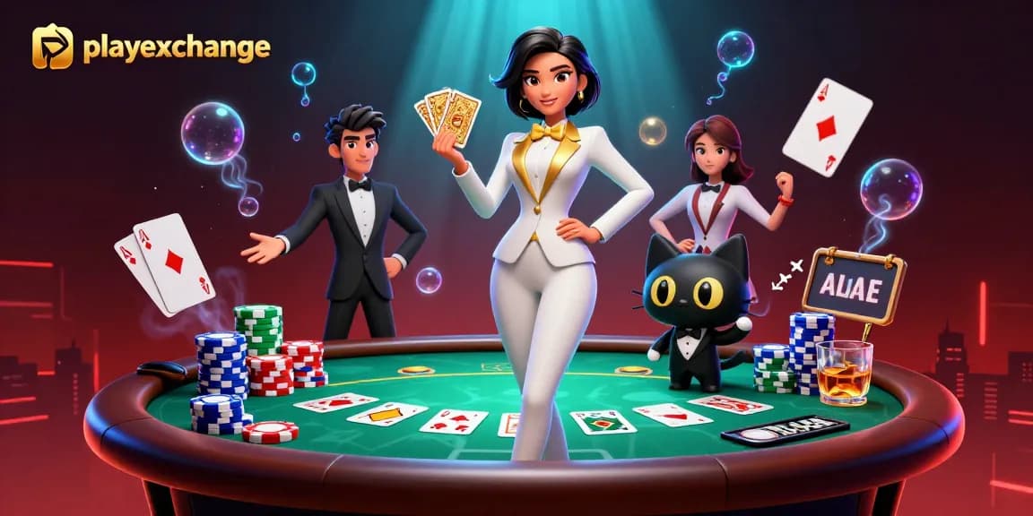 Experience the excitement at playexchange with a glamorous poker scene featuring stylish characters and vibrant casino elements.