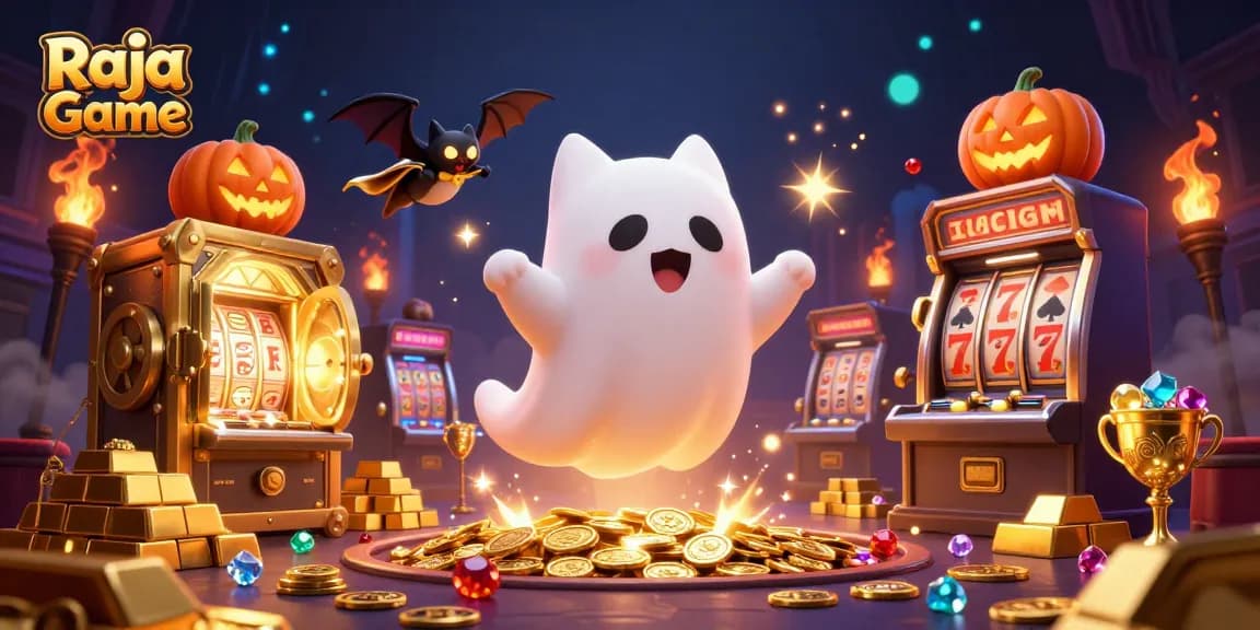 Raja Game engages players with a vibrant casino scene featuring a ghost cat and treasures.