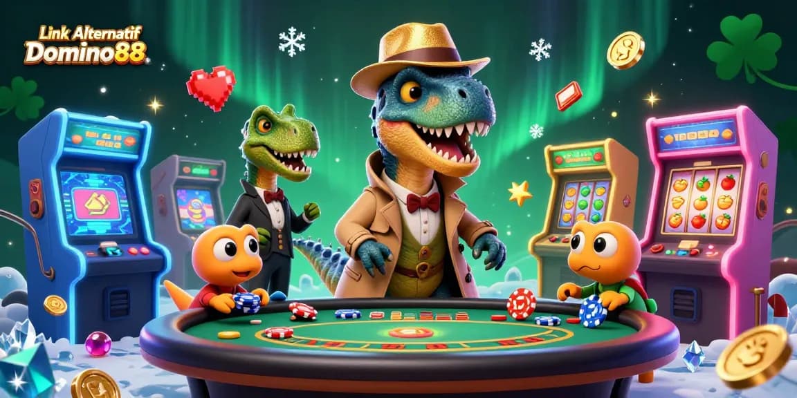 Engaging Link Alternatif Domino88 casino scene with a velociraptor card counter at blackjack, evading detection.