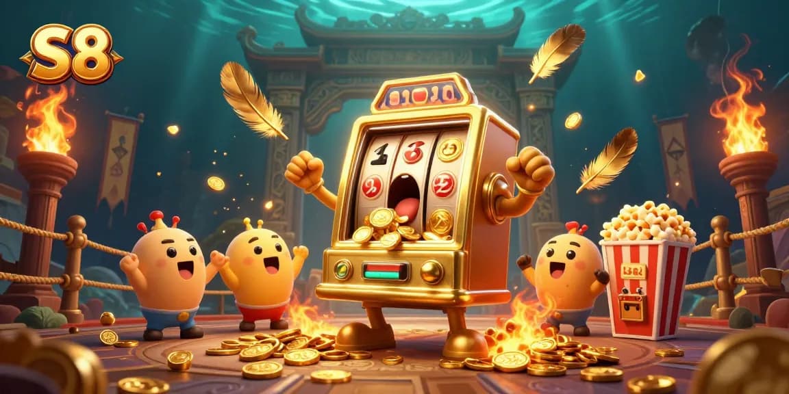 S8 slot machine winning big, showcasing lively atmosphere with coins and cheers in an animated casino scene.