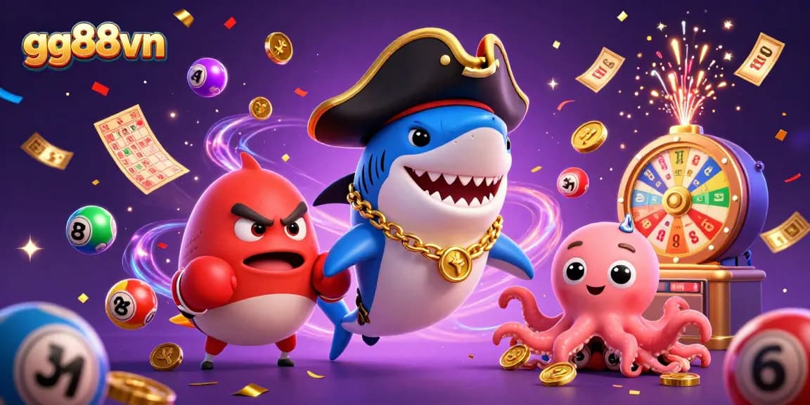 Engage with thrilling games at gg88vn as a shark pirate, pufferfish, and octopus celebrate winnings.