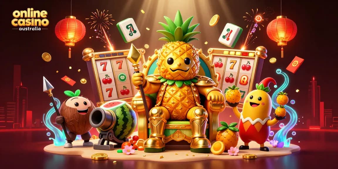 Engaging scene of an online casino Australia with a golden pineapple king, coconut bodyguards, and vibrant game elements.