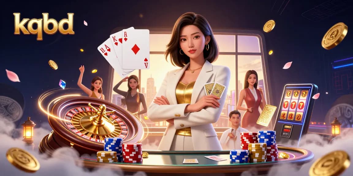 Engage with kqbd's dynamic betting environment featuring glamorous Asian woman and casino elements.