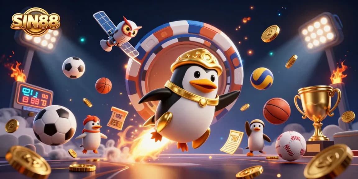 SIN88 brings excitement to online gambling with thrilling illustrations of casino adventures featuring a golden penguin and sports elements.