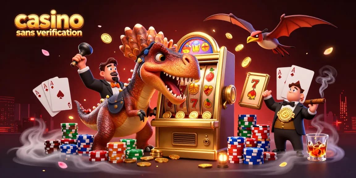 Casino sans vérification : Animaux préhistoriques s'affrontant pour des jackpots et des jetons colorés.