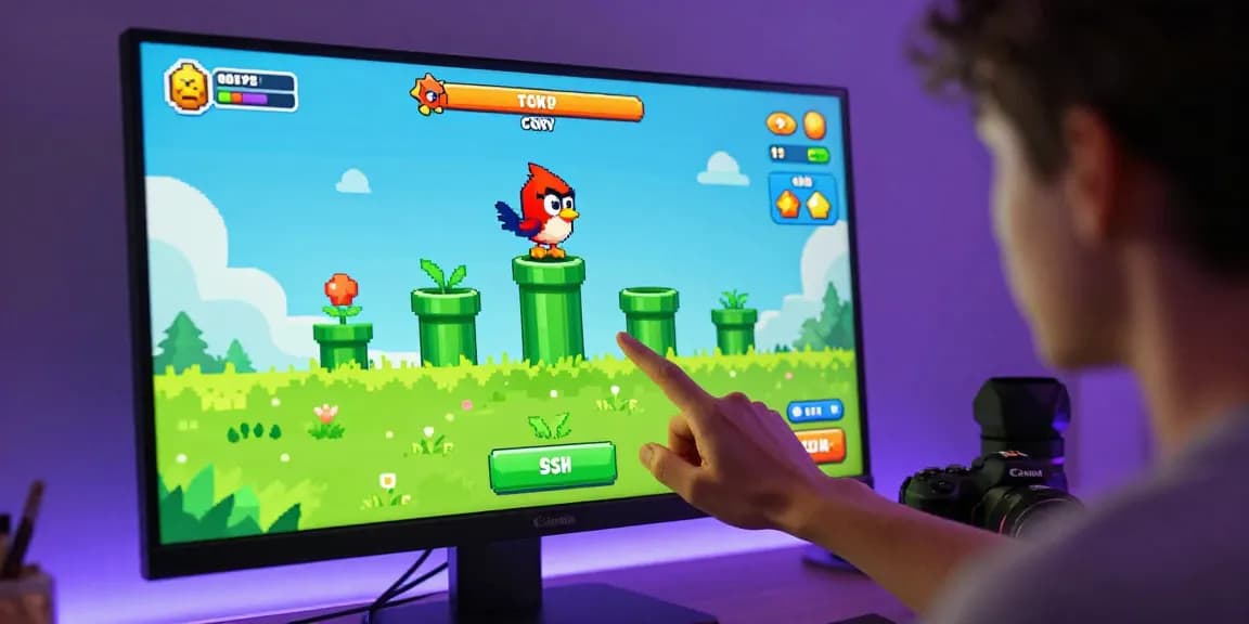 Tappy Bird game displayed on a gaming monitor with a player poised to tap, showcasing the vibrant interface and colorful graphics.