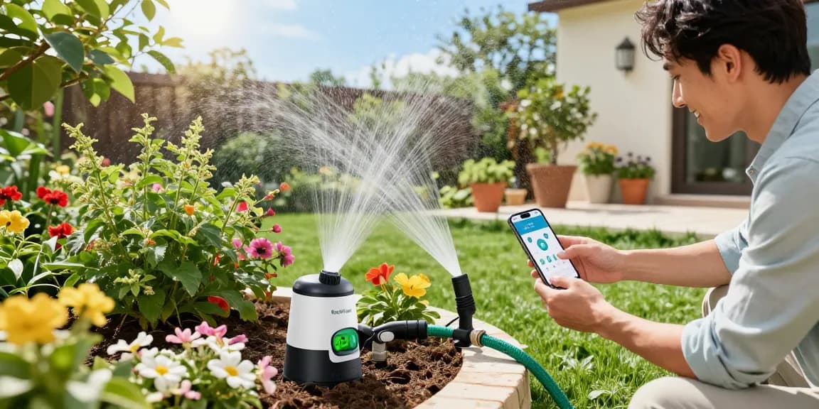 Rainpoint automatic watering system in action, homeowner adjusting settings in vibrant garden