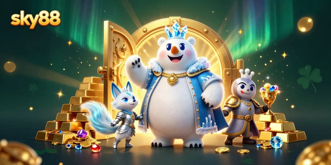 Engage with thrilling games at sky88, featuring dazzling treasures and cartoon characters in an enchanting casino.