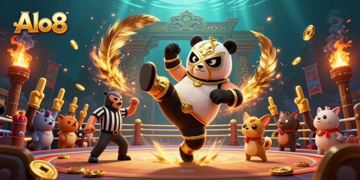 Alo8 showcases a thrilling scene of a panda wrestler performing a kick with animal spectators cheering and glowing coins flying around.