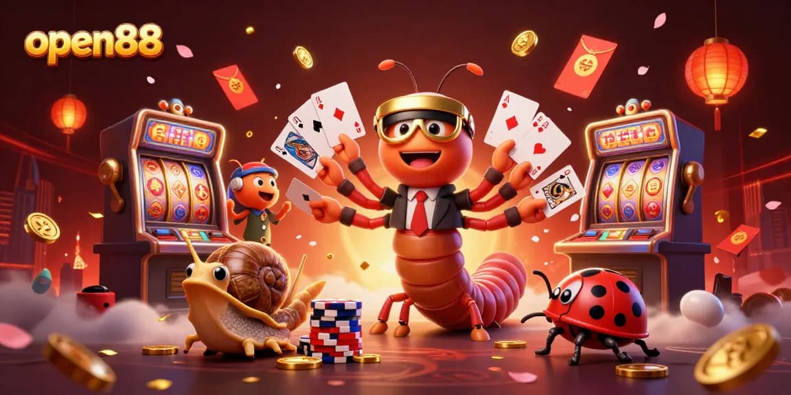 Spin the reels at open88 with vibrant slot machines and dynamic characters in a lively casino scene.