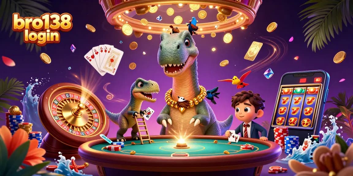 Experience the excitement of bro138 login with a dynamic casino scene featuring a playful brontosaurus and raptor