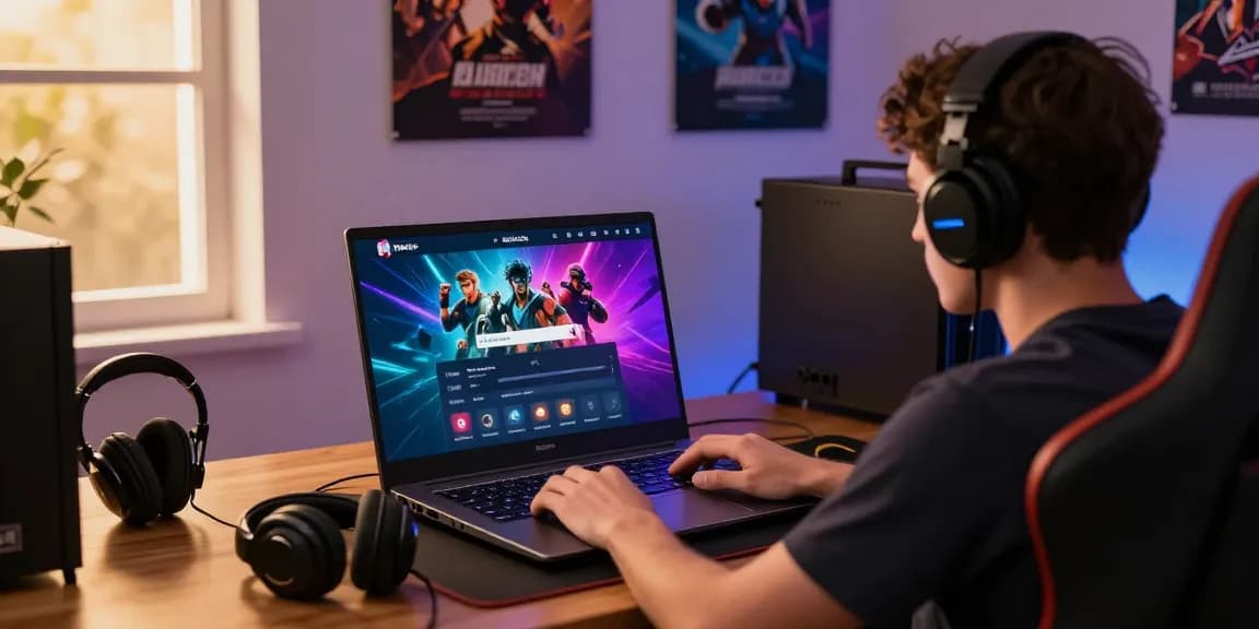 Pengguna mengakses rajareceh login di laptop dengan dekorasi gaming yang menarik.