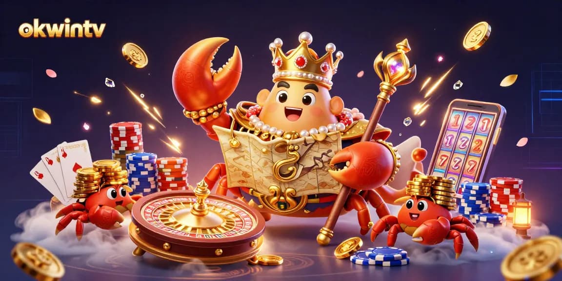 Engage with okwintv through a vibrant 3D illustration showcasing a golden crab emperor and dynamic casino elements.