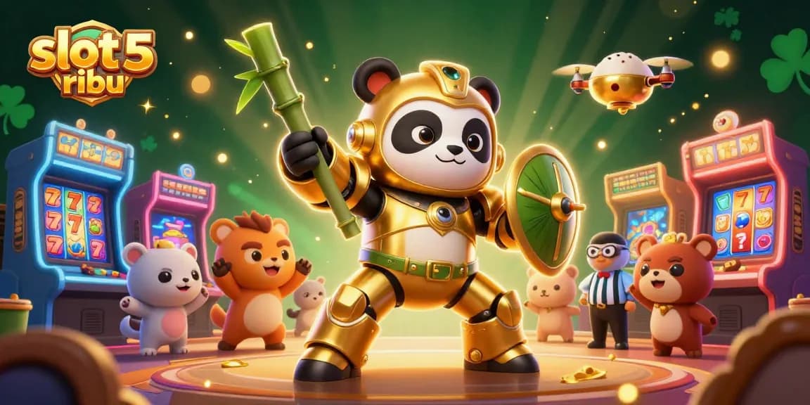 Engage with slot 5 ribu gameplay in a dynamic 3D scene featuring vibrant arcade machines and fun characters.