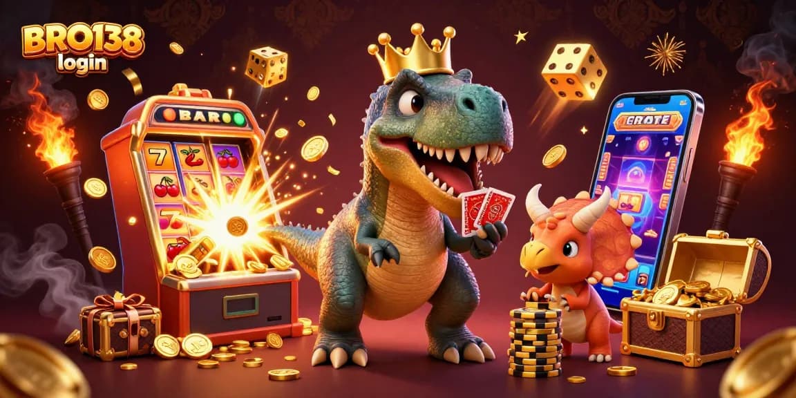 Engage with BRO138 login while a T-Rex and friends enjoy casino games and slots.