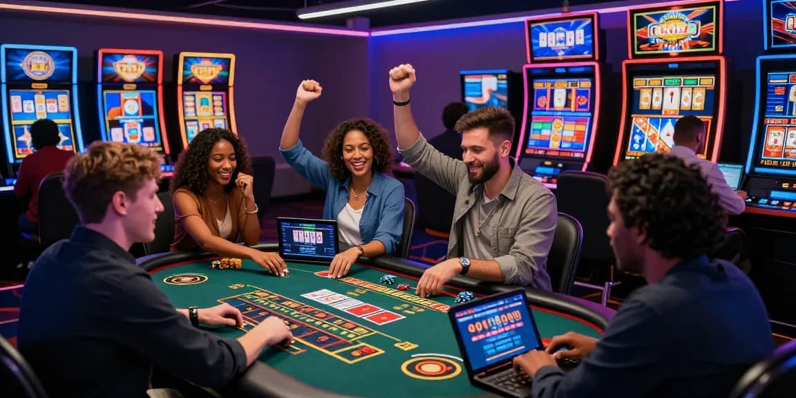 Expérience de jeu passionnante dans un casino en ligne avec des joueurs divers à des tables de casino numériques vibrantes.