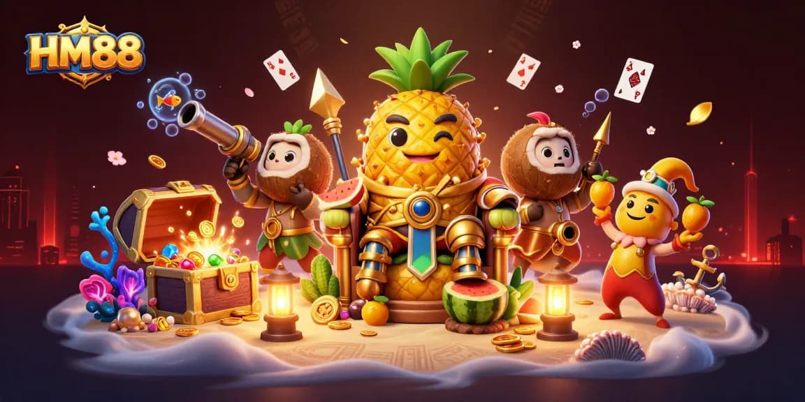 Engage with HM88’s vibrant 3D casino world featuring a pineapple king and rich game elements.