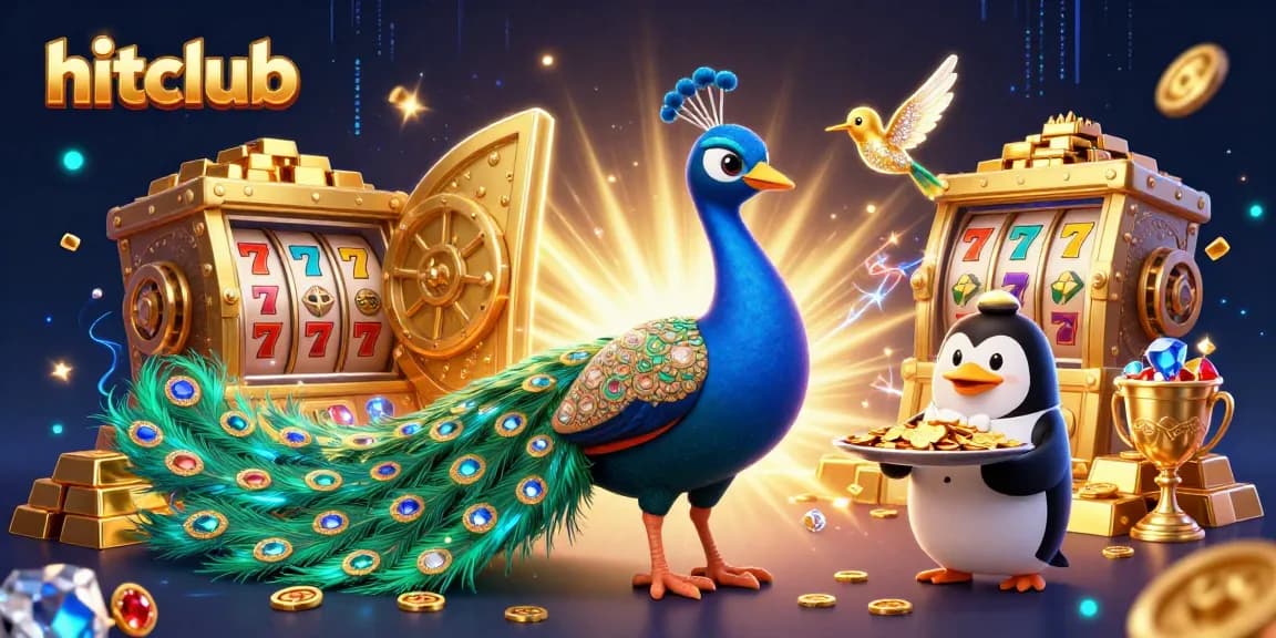 The hitclub illustrates a vibrant casino scene with rich gems, golden chips, and dynamic slot games.